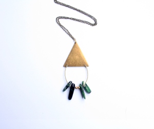 Oxidized brass triangle with ruby zoisite and gold glass beads